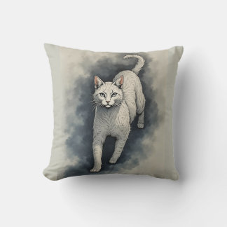 Almofada Gato Branco em Estilo de Desenho a Tinta Chinesa