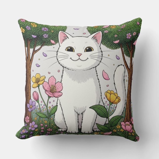 Almofada Gato Branco em um Jardim Colorido (Frente)