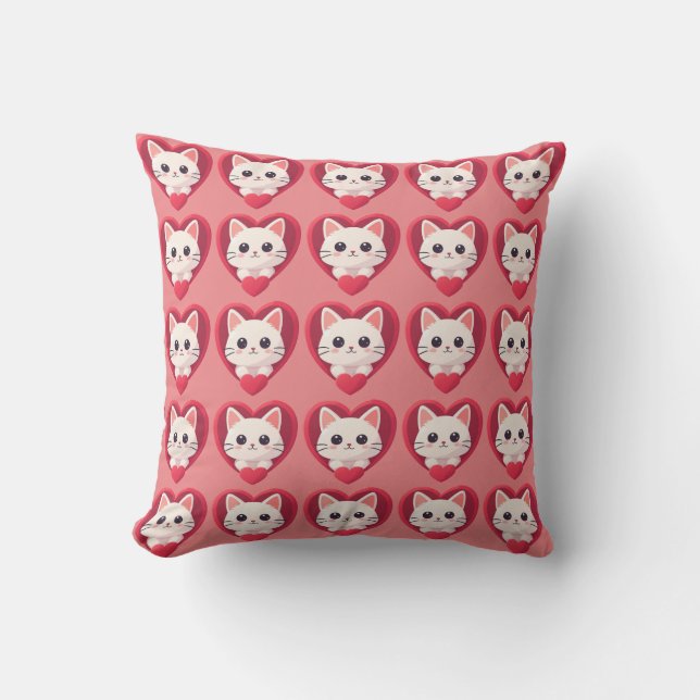 Almofada Gato Branco Fofo com Coração Desenho de Kawaii Kit (Frente)