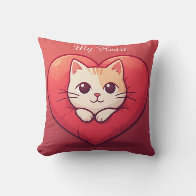 Almofada Gato Branco Fofo com Coração Desenho de Kawaii Kit (Frente)