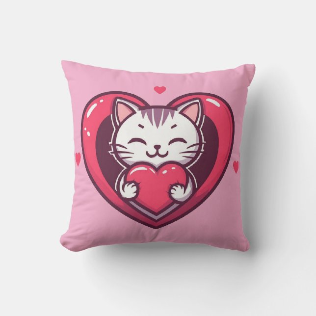 Almofada Gato Branco Fofo com Coração Desenho de Kawaii Kit (Frente)