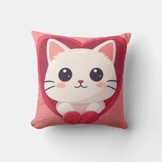 Almofada Gato Branco Fofo com Coração Desenho de Kawaii Kit (Frente)