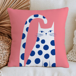 Almofada Gato Branco Fofo em Pontos Azuis Rosa Pastel 