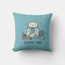 Almofada Gato Branco Tricotando Hobby Fofo Decoração de Cas