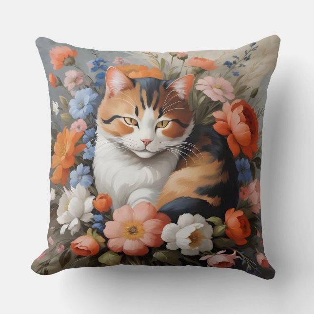 Almofada Gato calico fofo e flores (Frente)