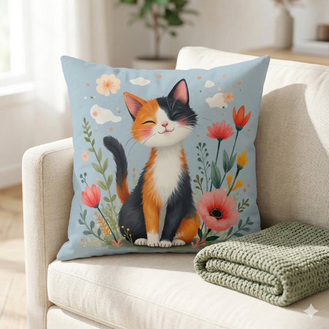 Almofada Gato Calico Sorridente no Jardim Florido (Smiling Calico Cat in Blooming Garden Throw Pillow Mockup A)