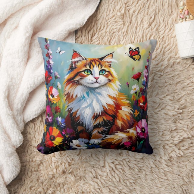 Almofada Gato Caprichoso Fofo, Flores e Borboletas (Cobertor)