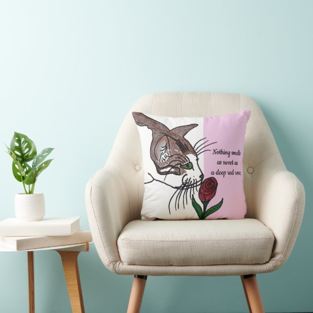 Almofada Gato Cheirando Rosa vermelha Profundo (Cadeira)