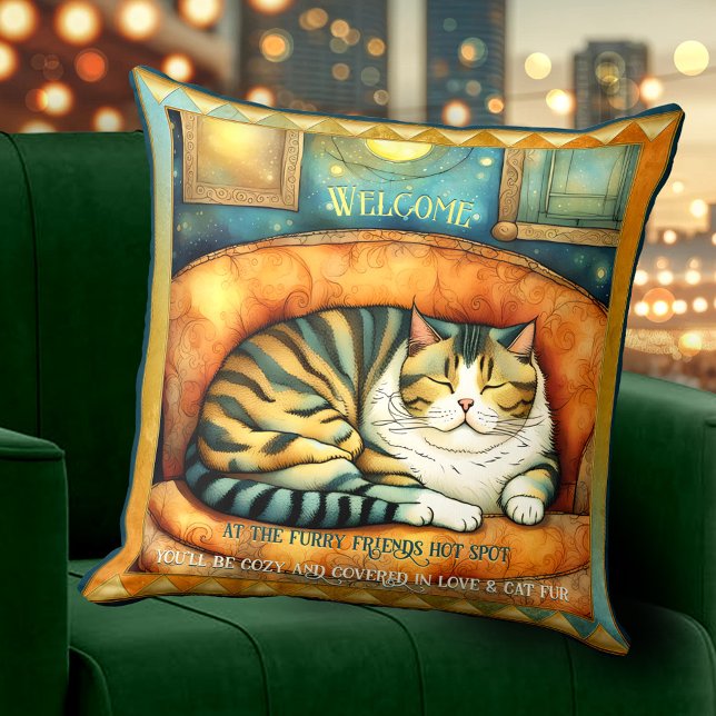 Almofada Gato Colorido Amantes de Gato (Bohemian cat pillow featuring a painting of a cute colorful kitty with your own texts)