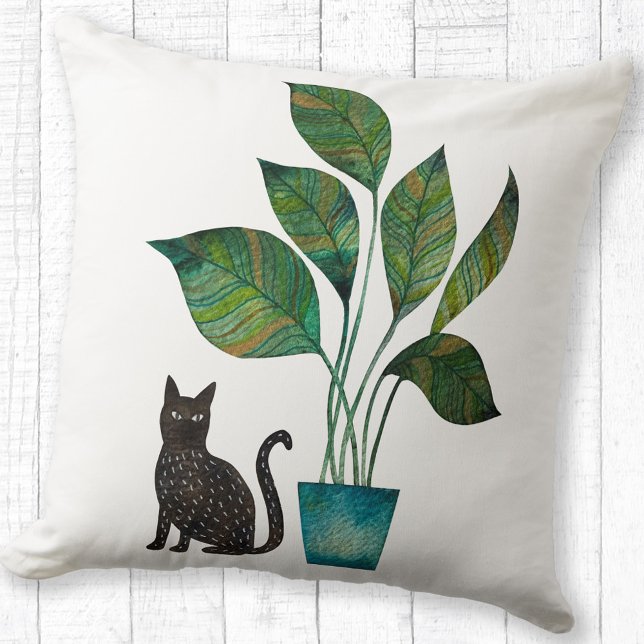 Almofada Gato com Aquarela Vegetal Potente (Watercolor cat and house plant pillow)