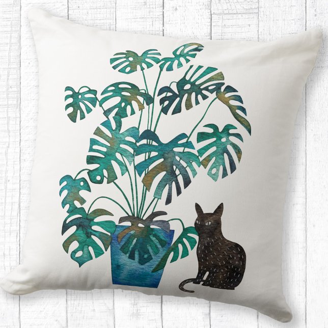 Almofada Gato com Monstera Plant Watercolor (Cat with Swiss Cheese Plant watercolor art throw pillow)