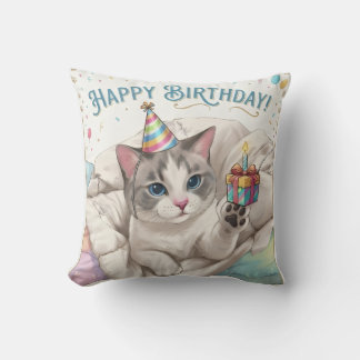 Almofada Gato de Aniversário Fofo com Chapéu de Festa e Pre