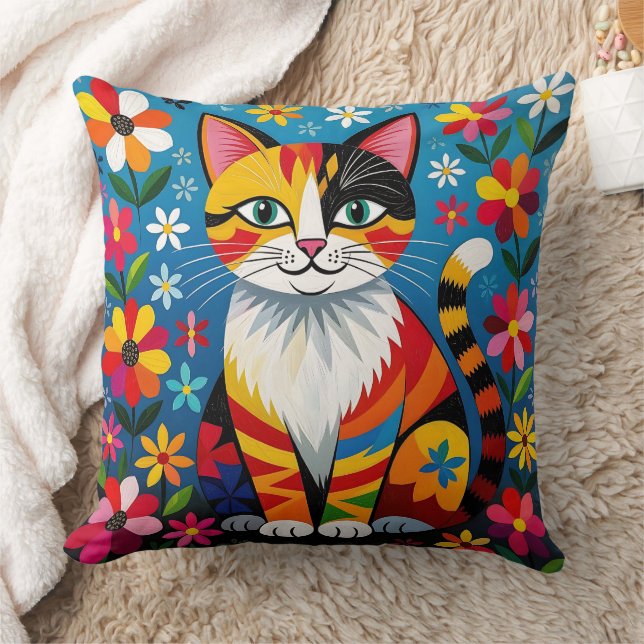 Almofada Gato de Arte Popular Boho, Flores & Borboleta   (Cobertor)