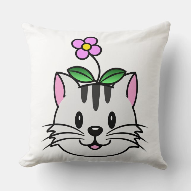 Almofada Gato de Cartoon Bonito com Flor na Cabeça (Frente)