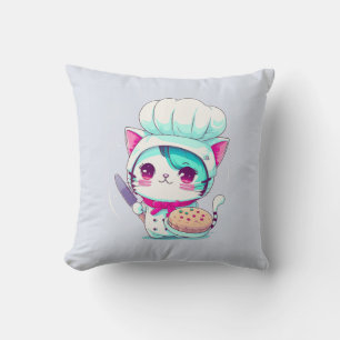 Almofada Gato de cozinha de pastelaria com torta e faca  