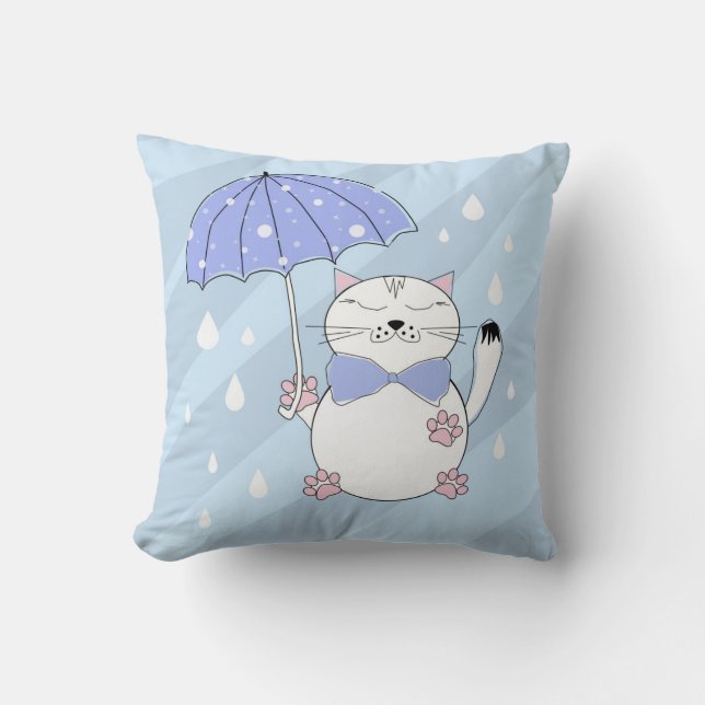 Almofada Gato de desenho animado bonito com guarda-chuva (Frente)