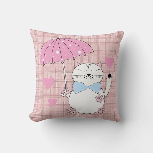 Almofada Gato de desenho animado bonito com guarda-chuva (Frente)