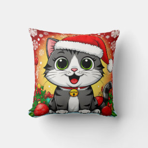 Almofada Gato de desenho animado com chapéu de Papai Noel e