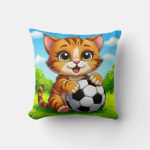 Almofada Gato de Desenho Animado Fofo Segurando Bola de Fut