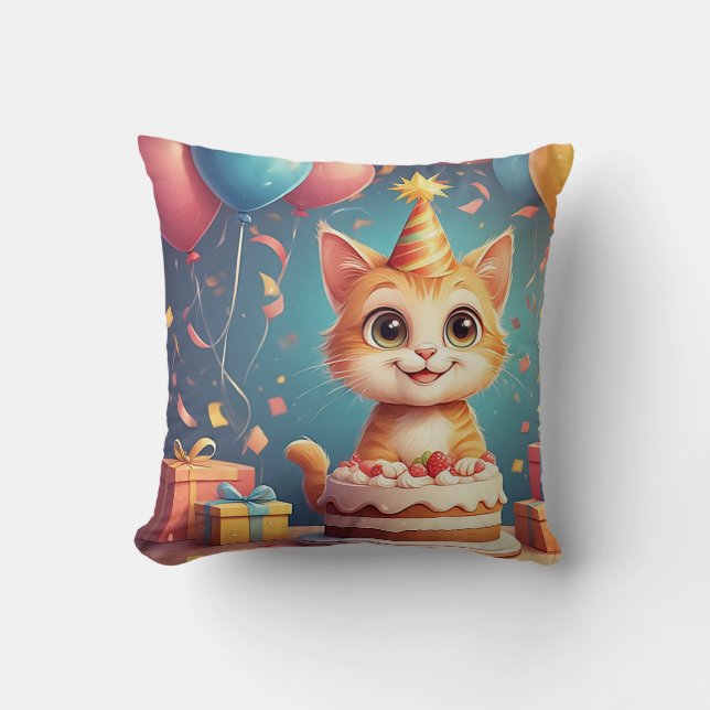 Almofada Gato de Festa Adorável Com Bolo e Balões (Frente)