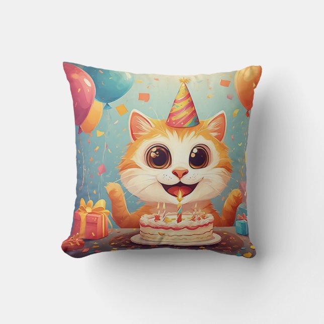 Almofada Gato de Festa Adorável Com Bolo e Balões (Frente)