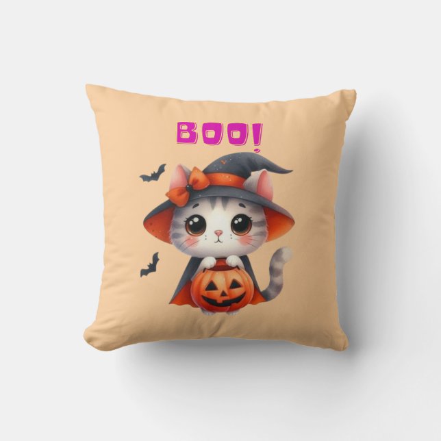Almofada Gato de Halloween bonito com abóbora e Deco de Cha (Frente)
