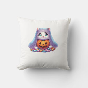 Almofada Gato de Halloween com Abóbora e Camiseta Manga Lon