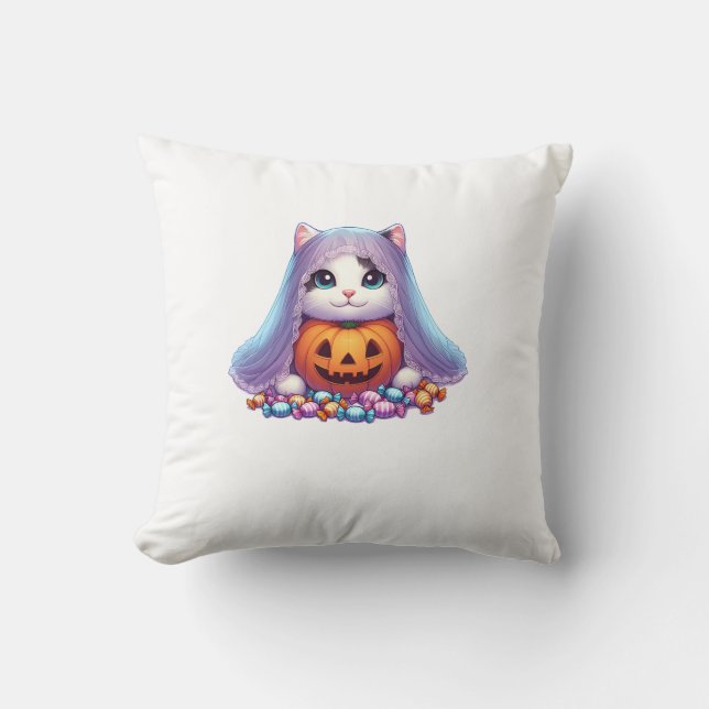 Almofada Gato de Halloween com Abóbora e Camiseta Manga Lon (Frente)