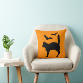 Almofada Gato De Halloween E Morcegos Silhuette Laranja