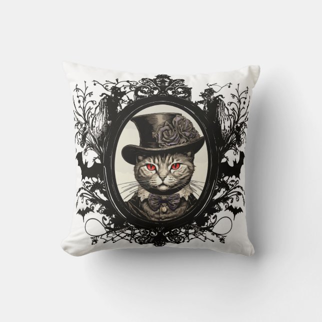 Almofada Gato de Halloween, Gato de Vampiro, presas de dama (Frente)