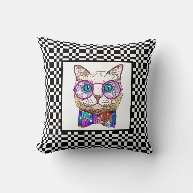 Almofada Gato de Hipster de Cubo no Quadro de Verificação B (Frente)