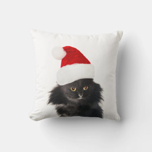 ALMOFADA GATO DE NATAL PRETO E BRANCO COM CHAPÉU DE SANTA C