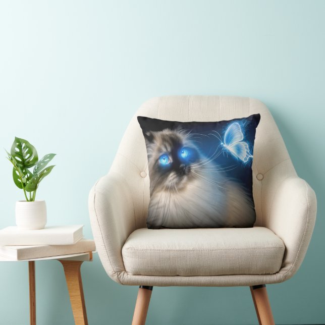 Almofada Gato De Ragdolas Com Borboleta Azul De Neon (Cadeira)