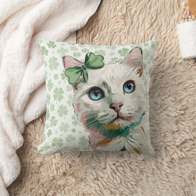 Almofada Gato de Shamrock com olhos azuis (Cobertor)