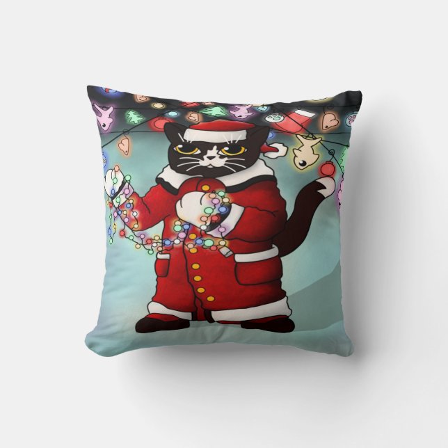 Almofada Gato de Tuxedo Bonito das Luzes de Natal (Frente)