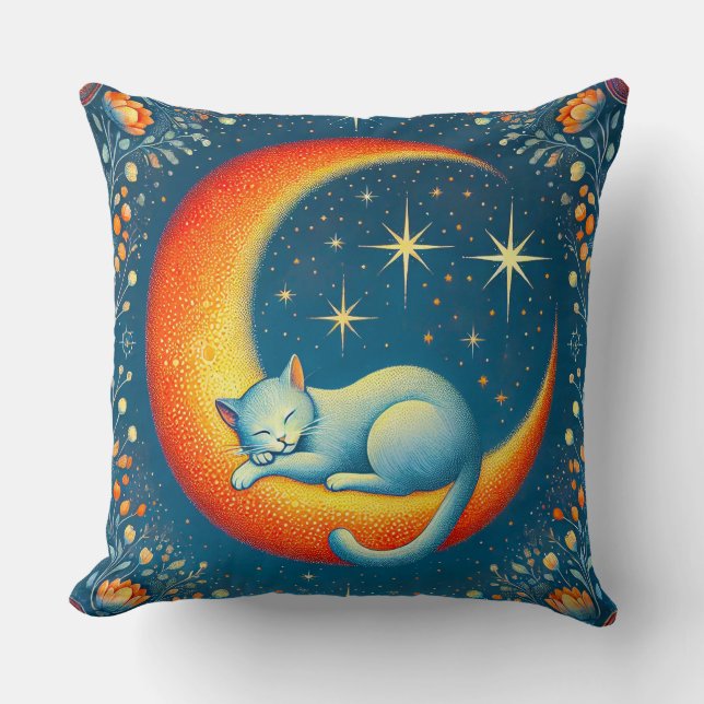 Almofada Gato Descansando em uma Lua Crescente à Noite (Frente)