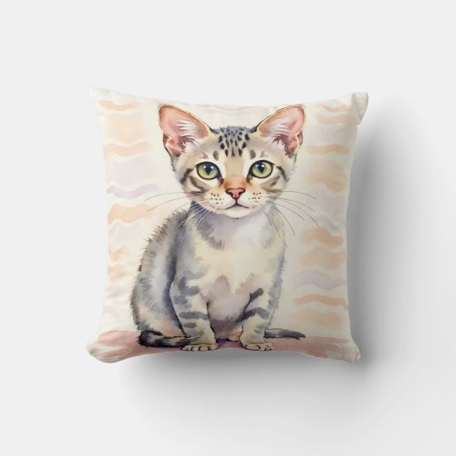 Almofada Gato Devon Rex Aquarela Arte de Linha Ondulada (Frente)