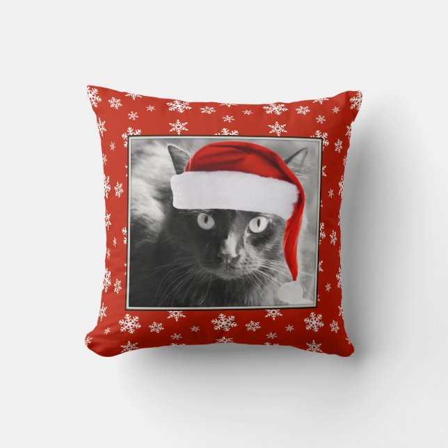 Almofada Gato do Natal no travesseiro vermelho com flocos (Frente)