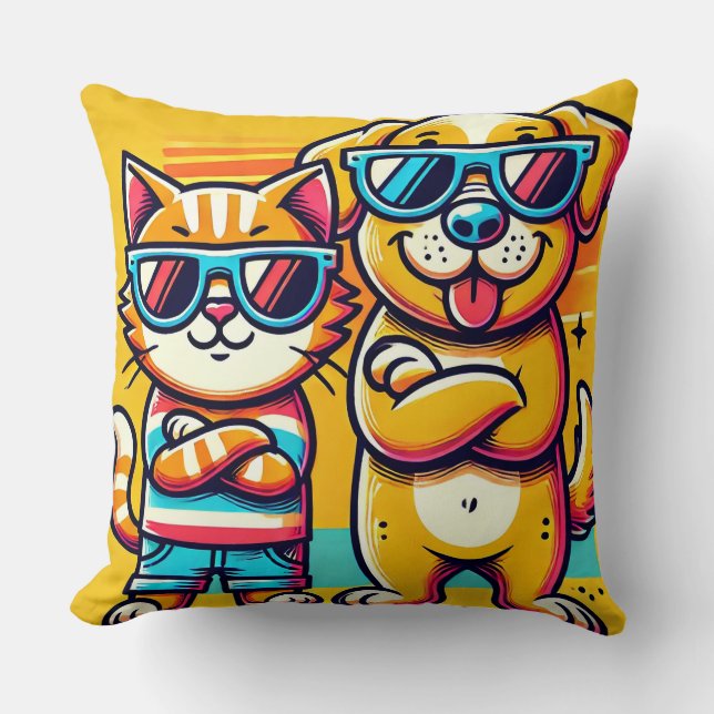 Almofada Gato e Cachorro de Óculos de Sol Posando Juntos (Frente)