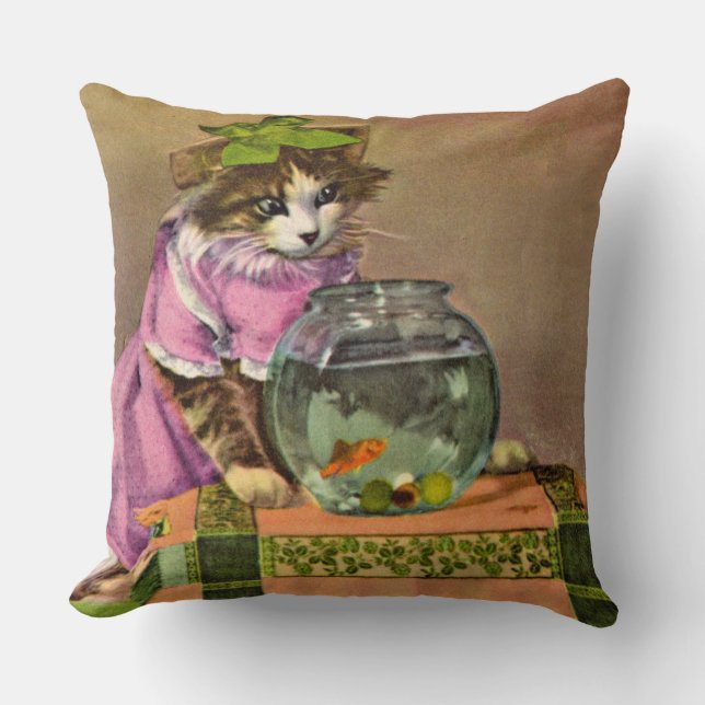 Almofada gato e tigela de peixe vestidos (Frente)