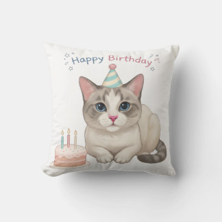 Almofada Gato Fofo de Aniversário com Bolo e Chapéu de Fest