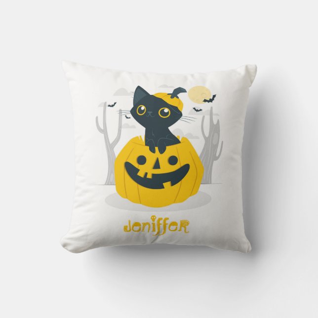 Almofada Gato Fofo de Halloween Emergindo da Abóbora Morceg (Frente)