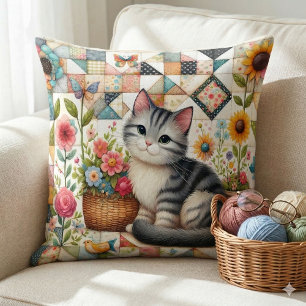 Almofada Gato Fofo em Cobertor Floral Arte Cottagecore