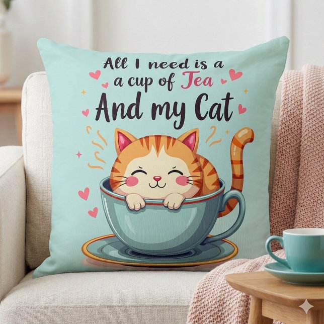Almofada Gato Fofo em Xícara de Chá Arte Kawaii Aconchegant (Cute Cat in Teacup Kawaii Cozy Art Throw Pillow Mockup A)