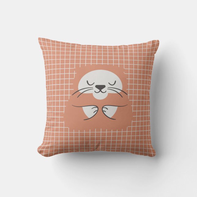 Almofada Gato fofo marrom linha de grade personalizada (Frente)