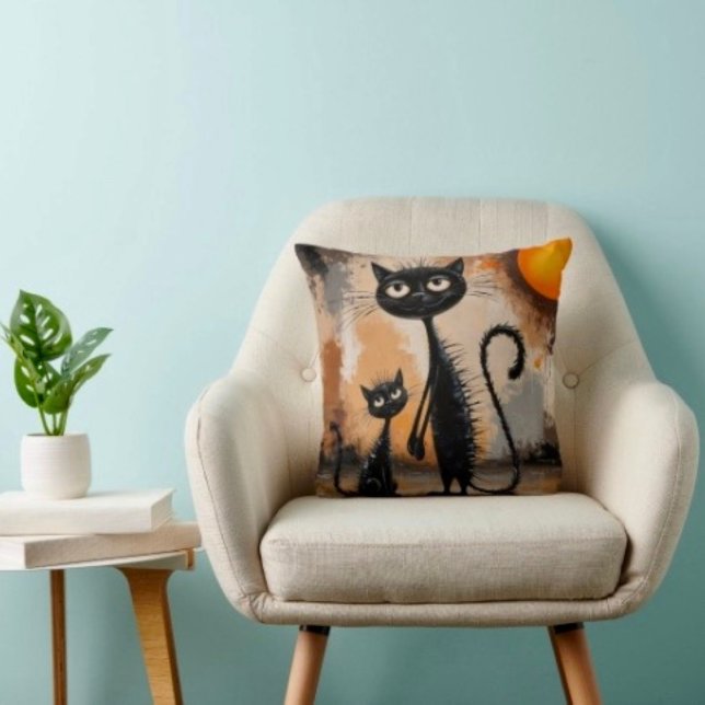 Almofada Gato Grande Gato Pequeno Halloween  (Throw Pillow 100% polyester heavyweight stretch material. Hidden zipper Made in the USA.
)