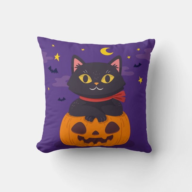 Almofada Gato Halloween Sentado no Bat da Moon Star Pumpkin (Frente)