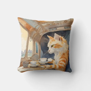 Almofada Gato Laranja Bebendo Chá