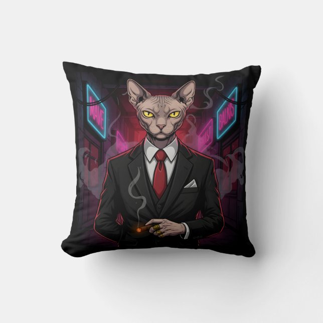 Almofada Gato Mafioso Sphynx em Estilo Neon Noir (Frente)