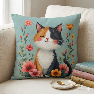 Almofada Gato Malhado Fofo com Estética Floral Cottagecore